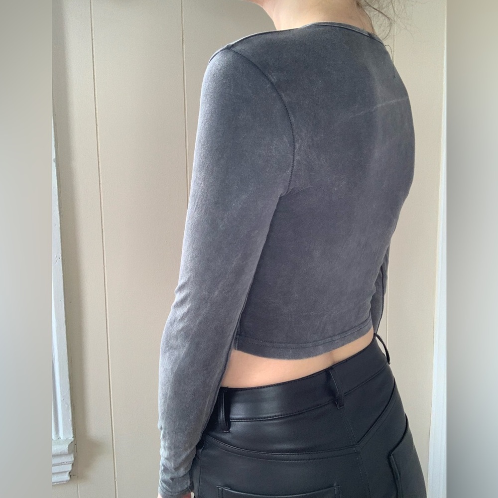 Missguided Mineral Wash Dark Gray Button Up Cropped Long Sleeve - Picture 3 of 16